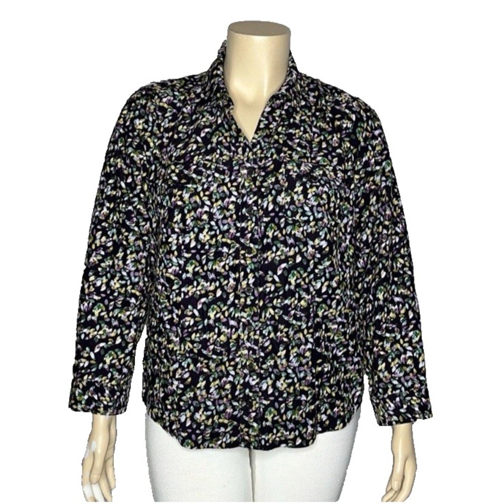 CJ Banks Micro Corduroy Shirt Size Medium Purple & Green Button Front Floral